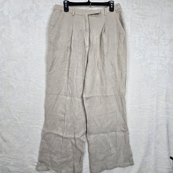 NWT Zara Size Large High Waisted Pleated Wide Leg 100% Linen Pants Sand 8292/500 - Picture 2 of 12